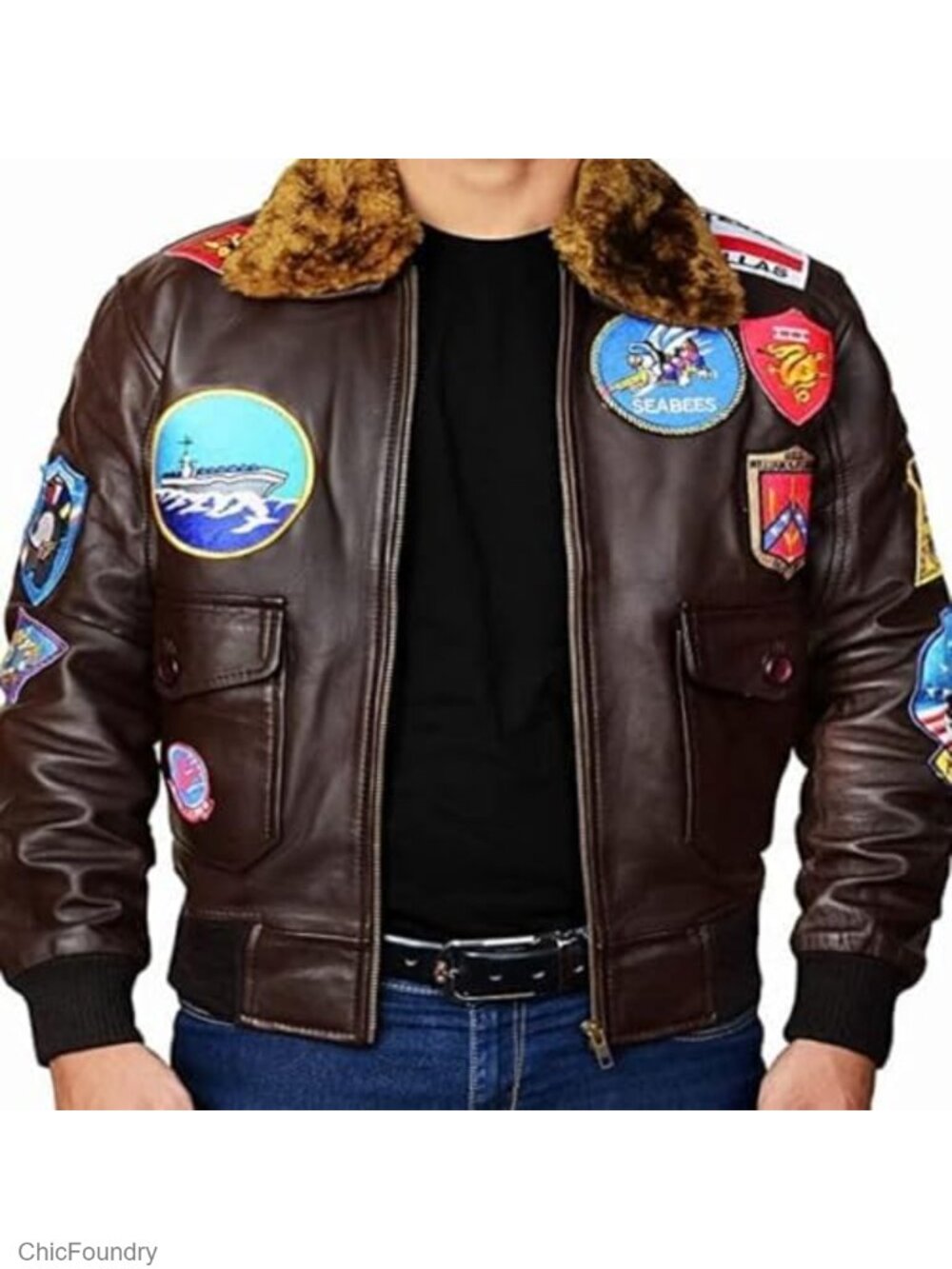 Men's Leather Bomber Aviator Jacket Faux Fur Collar with Patches